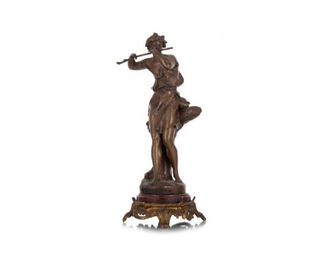 VICTORIAN BRONZED SPELTER FIGURE OF 'IMPOVISATEUR' LATE 19TH CENTURY modelled as a maiden playing a flute, the base mounted w
