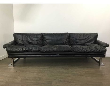 PIEFF MANDARIN BLACK LEATHER THREE SEAT SETTEE with two matching armchairs and a coffee table with smoked glass topQty: 4Leat