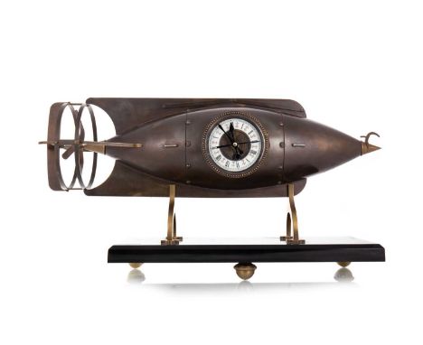 ART DECO MANTLE CLOCK MODELLED AS A SUBMARINE/SUBMERSIBLE EARLY 20TH CENTURY likely French, in copper and brass, the enamelle