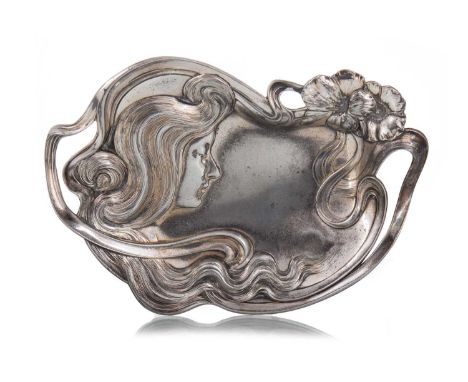 WMF, ART NOUVEAU SILVER PLATED DISH LATE 19TH CENTURY oxidised finish, cast with flowing handles, floral detail and female bu