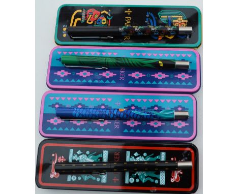 Four Parker Vector pens, one fountain and three rollerball
