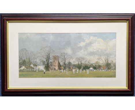Cricket. Roy Perry Colour Cricket Print Titled The Opening Match. Housed in a Frame Measuring 32 x 20 inches overall. Good co
