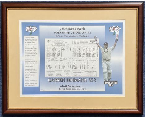Cricket. Darren Lehman Signed 236th Roses Match, Yorkshire V Lancashire Scorecard Print Limited Edition 353/500. Housed in a 