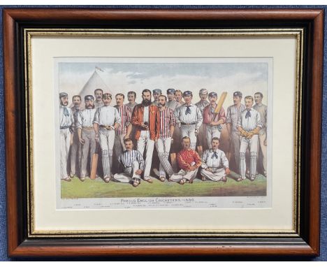 Cricket. Colour Print Showing Famous English Cricketers 1880. Housed in a Frame Measuring 22.5 x 18 inches. Good condition. A