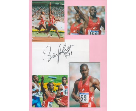 Athletics Ben Johnson 12x8 inch signature piece includes signed white card and four colour photos attached to A4 sheet. Benja