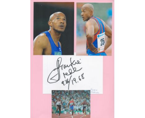 Athletics Frankie Fredericks 12x8 inch signature piece includes signed white card and three colour photos attached to A4 shee