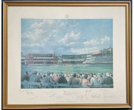 Cricket. Multi Signed Alan Fearnley Colour Print Titled Lords Cricket Ground. Signed in pencil by Alan Fearnley, Peter Willey