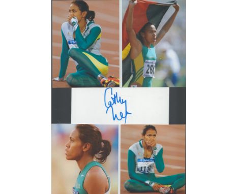 Athletics Cathy Freeman 12x8 inch signature piece includes signed white card and four colour photos attached to A4 sheet. Cat