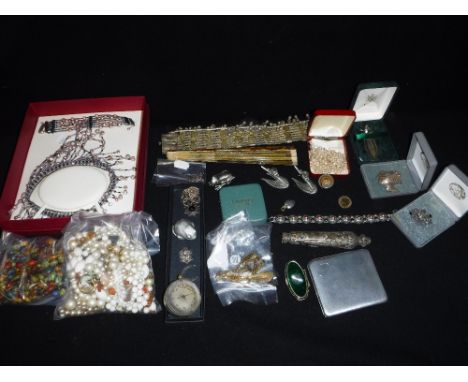 A MIXED QUANTITY OF JEWELLERY AND METALWORK including an cloisonne enamel bracelet, a quantity of faux pearls and a silver bo