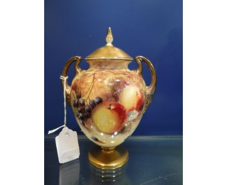 A ROYAL WORCESTER LIDDED VASE, decorated with fruit, signed 'B.A. Schwarz'