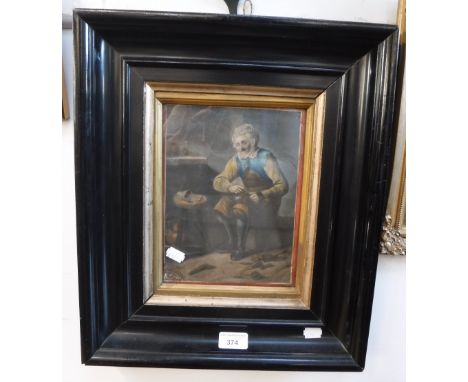 A COLOURED STIPPLE PRINT OF A COBBLER in an ebonised frame