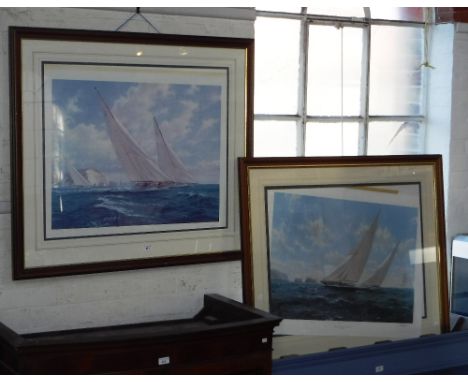 A SIGNED PRINT AFTER J STEPHENS DEWS: 'Endeavour Racing Velsheda off The Needles' and another similar signed print by the sam