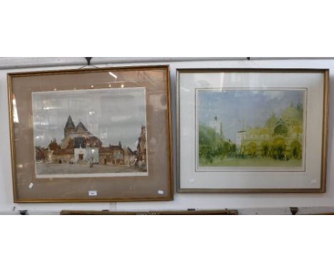 WILLIAM RUSSELL FLINT: 'The White Porch', signed print and another signed print of St Mark's Square, Venice