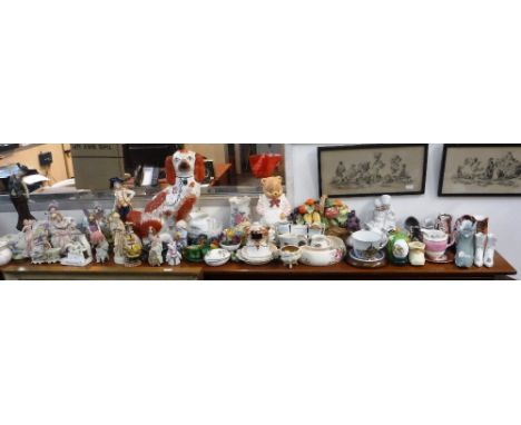 A STAFFORDSHIRE DOG, A COLLECTION OF CERAMIC SHOES and similar decorative ceramics