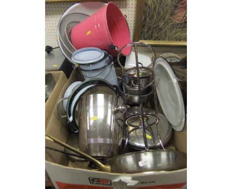 A collection of saucepans and enamelled kitchen wares to include colanders, bread bin, buckets, etc