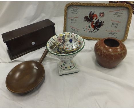 Three boxes of miscellaneous items to include table lamps, wooden box with hinged lid, vintage pink shoes and clutch bag, var