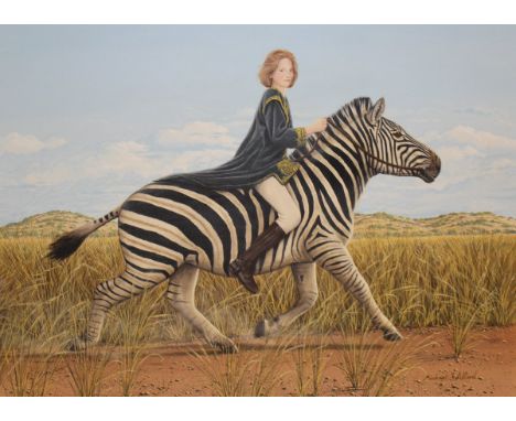 MICHAEL J ALLARD "Miss Catchpole upon a zebra in the savannah", acrylic on canvas, signed lower right CONDITION REPORTS There