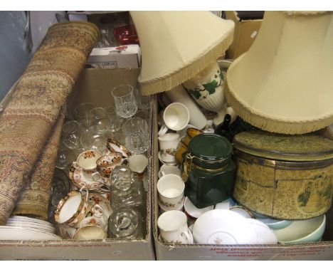 Two boxes of assorted china and glassware to include a Wedgwood "Ivy" decorated pedestal table lamp, Royal Albert part tea se