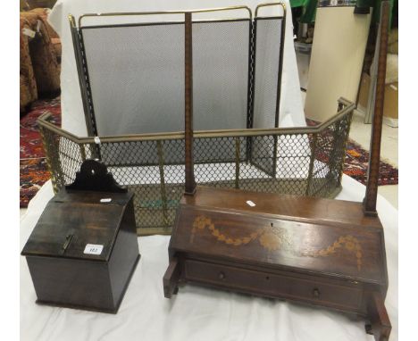 A 19th Century mahogany wall mounted salt box with sloping top, a mahogany and harebell inlaid toilet mirror base (mirror mis