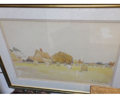 R G EVES "Study of a graveyard with thatched house and buildings in background", watercolour, signed and dated 1929 bottom le