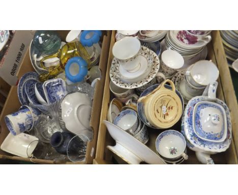 Two boxes of decorative china and glass wares to include a Wade jug, opalescent glass vase, small collection of Spode "Italia