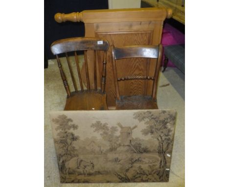 A Victorian Oxford bar back chair, three Victorian beech and elm stick back chairs, a modern pine single bedstead, and a Belg