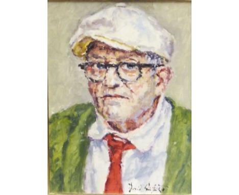 DAVID GRIFFITHS (1939-) "David Hockney", portrait study, head and shoulders, oil on board, signed bottom right and inscribed 