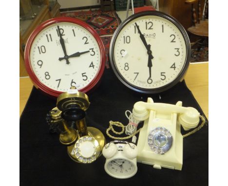 A white plastic cased GPO telephone, a Bart brass candlestick telephone, two modern wall clocks and a Chinese alarm clock