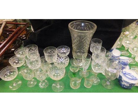 A hobnail cut glass celery glass, various cut glass stemmed drinking glasses, beakers, 19th Century fern decorated wine glass
