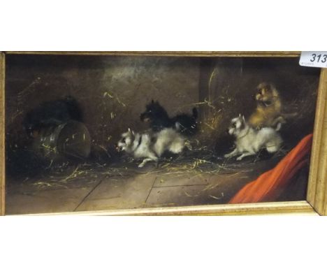 AFTER GEORGE S. ARMFIELD "Terriers ratting in barn", oil on tin, unsigned , inscribed on old label verso CONDITION REPORTS Pa