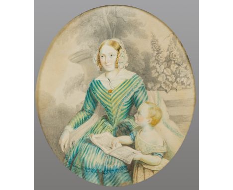 ENGLISH SCHOOL (19th Century)
Portrait of a Mother and Child
Pencil and watercolour
Unsigned
20.5 x 23 cm, oval framed and gl