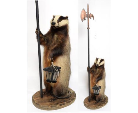 Taxidermy: Anthropomorphic European Badger Guard (Meles meles), circa late 20th century, a full mount Anthropomorphic Badger,