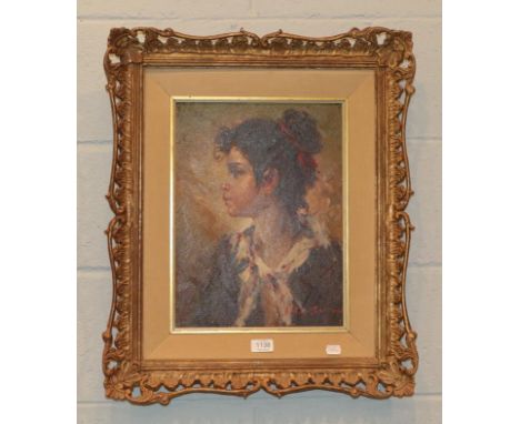 Continental School (20th century), Portrait of a young lady, head and shoulders, in profile, indistinctly signed, inscribed v