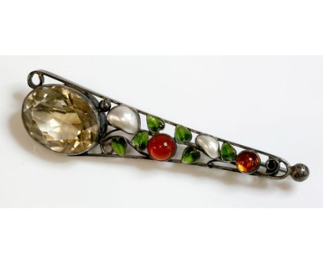 An Arts and Crafts silver, citrine, agate and blister pearl brooch, attributed to George Hunt.  A tapering brooch, 780mm long