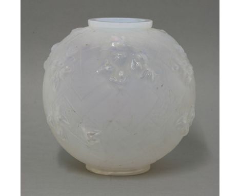 A Sabino opalescent glass vase,  the moulded globe body with panels, honeycomb and honeybees, etched Sabino, France, 17.5cm h