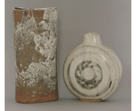 A Janet Leach stoneware slab vase, with a grey-green and light grey glaze, 28cm high, and and a stoneware moonflask, both imp