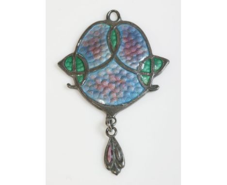 A sterling silver Arts and Crafts pendant, by James Fenton, of oval form, with guilloch‚ enamel decoration in shades of plum,