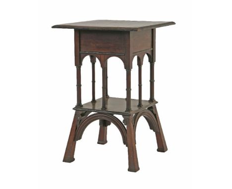 A walnut lamp table, the beadwork edge over a single drawer, arcaded gallery on splayed legs, with anthemion carved details, 