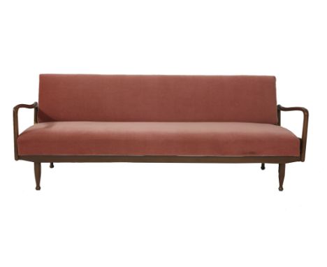 A teak sofa/bed, by Greaves and Thomas, with outswept arms, Dralon upholstered back and seat,  220cm