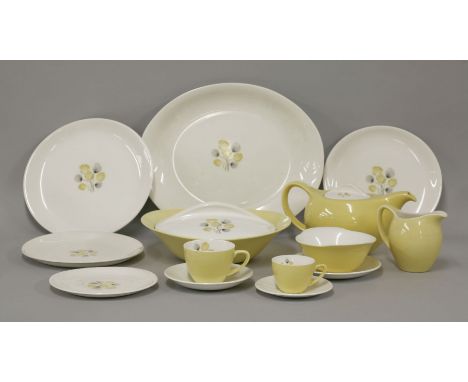 A Bristol Pottery tea, coffee and dinner service, in 'Cotton Grass' design, each piece with yellow and cream (qty.)