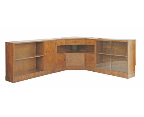 A walnut corner cabinet, with three drawers over a shelf and three further cupboards, 126cm wide 76cm high, together with six