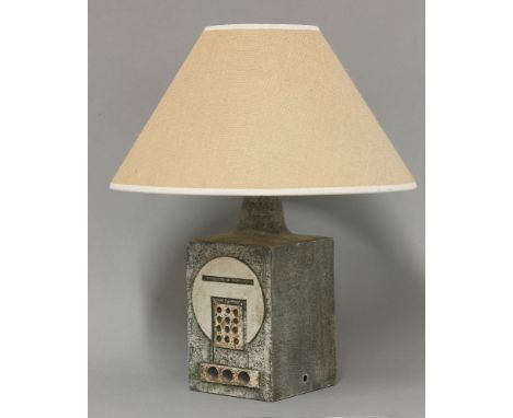 A Troika pottery lamp base,  by Alison Brigden, with moulded geometric patterns to two sides, inscribed with artist's monogra