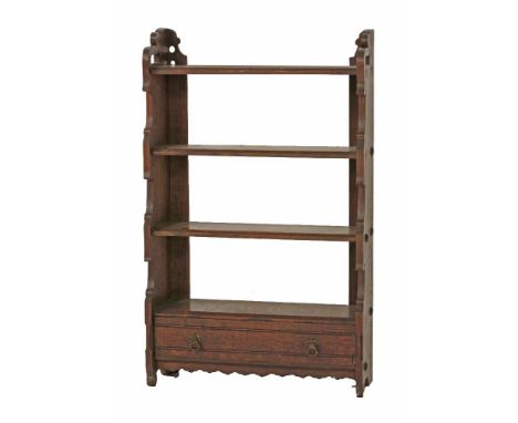 An oak three-tier open wall shelf, with a drawer below, with fret cut sides, 60.5cm wide 21cm deep 99.5cm high