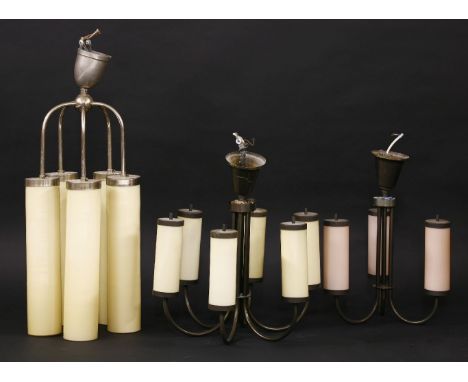 A six-branch hanging electrolier, with yellow glass, cylindrical shades,  43cm, another with three pink shades, 42cm, and a l