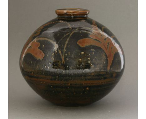 A stoneware studio vase, by David Leach (1911-2005), of ovoid form and painted in a tenmoku glaze with brown brushwork, impre