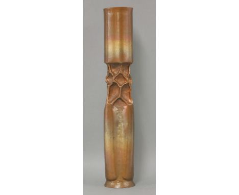 Thomas Roy Markusen (American, b.1940), a copper and brass 'Brutalist' vessel or candlestick, monogrammed, 48cm high