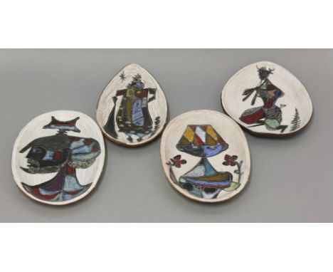 Marcello Fantoni (1915-2010), four pottery dishes, painted with stylised figures including a faun and a lady in a hat, each l