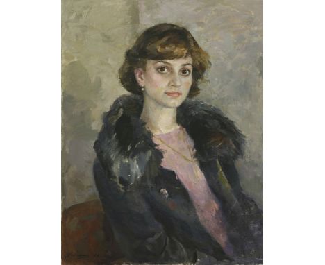 Russian School, 20th century PORTRAIT OF A LADY IN A BLUE FUR COAT  Indistinctly signed and dated 1985 l.l., oil on canvas  7