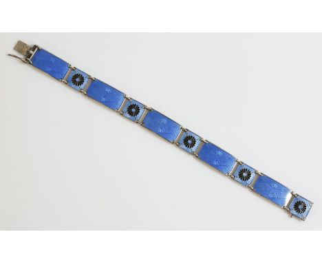 A Norwegian silver enamel plaque bracelet, by Aksel Holmsen, with a series of curved rectangular plaques, decorated with sky 