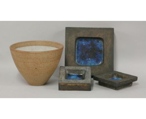 A Robin Welch stoneware bowl,  of tapering form, glazed to the interior, impressed mark, 17cm high, and three stoneware slab 